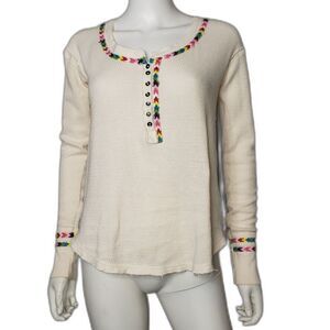 We The Free Ivory Waffle Knit Henley Top with Rainbow Embroidery Womens Size XS